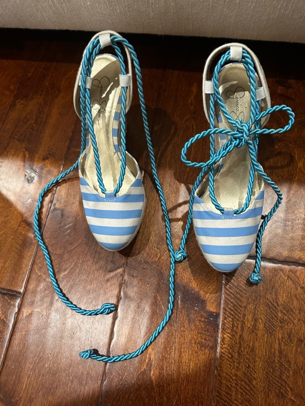 Jessica Simpson Blue & White Striped Espadrille Lace-Up Flats